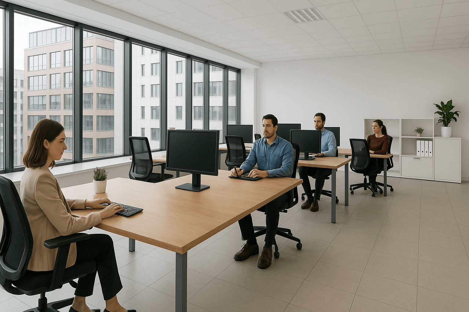 Una toma amplia de un espacio de oficina de una empresa tecnológica, moderno y limpio.