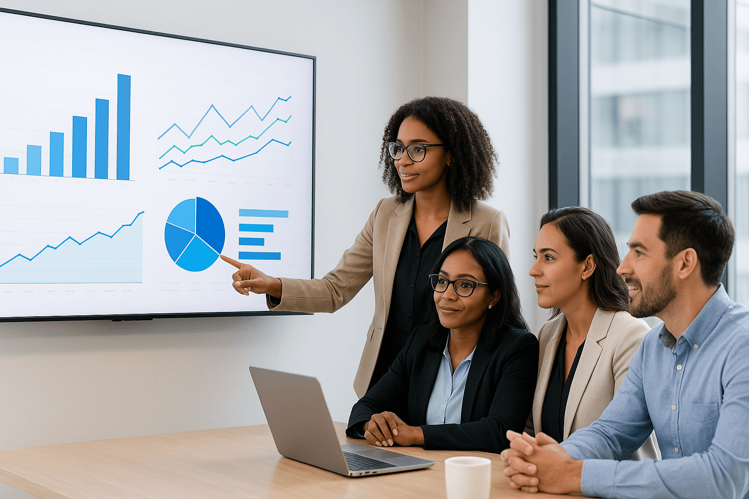 Un grupo de profesionales en una oficina moderna analizando datos en una pantalla grande.