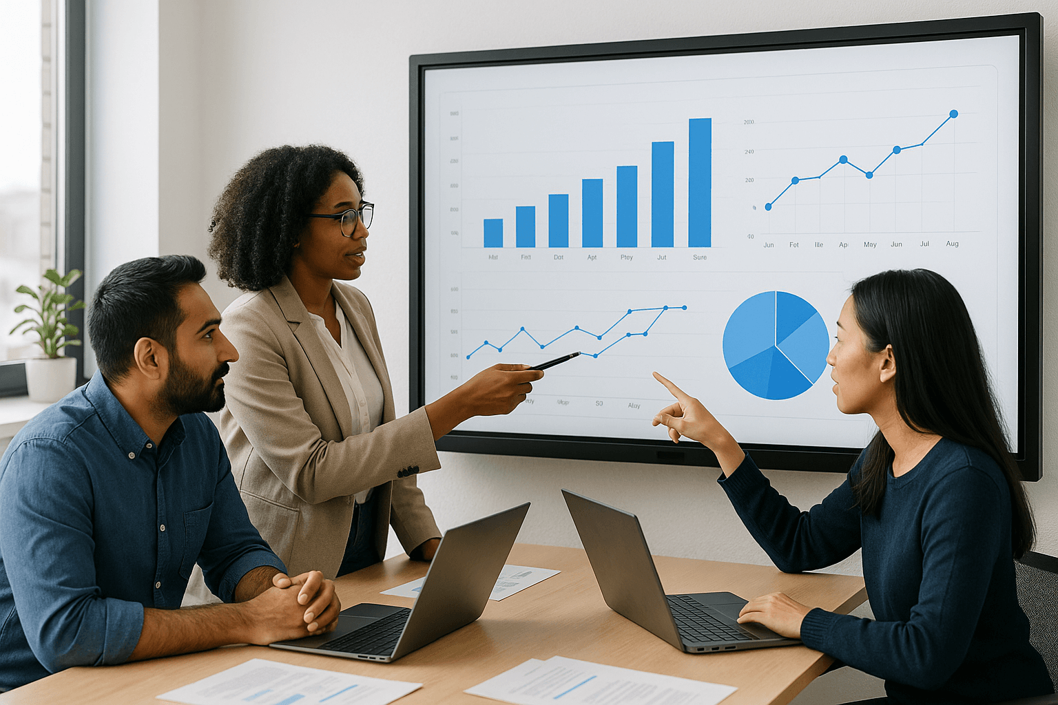 Un equipo de profesionales de TI colaborando en una sala de reuniones con pantallas interactivas.