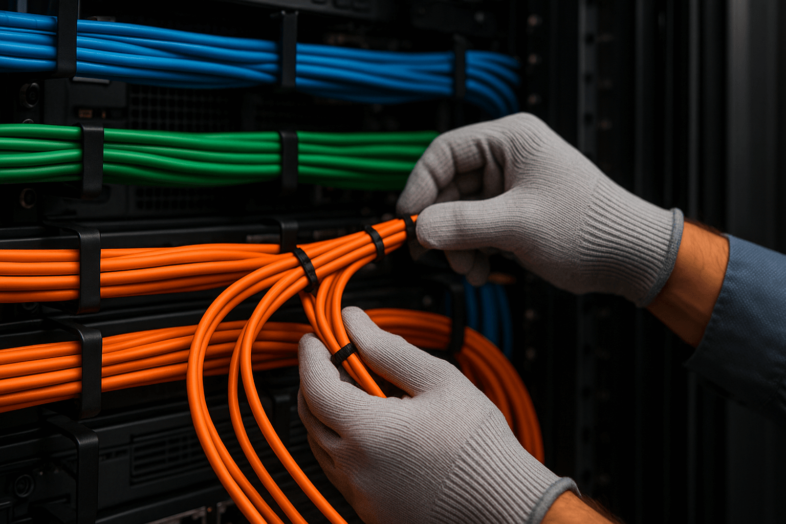 Un técnico organizando un rack de servidores con cableado estructurado de colores.