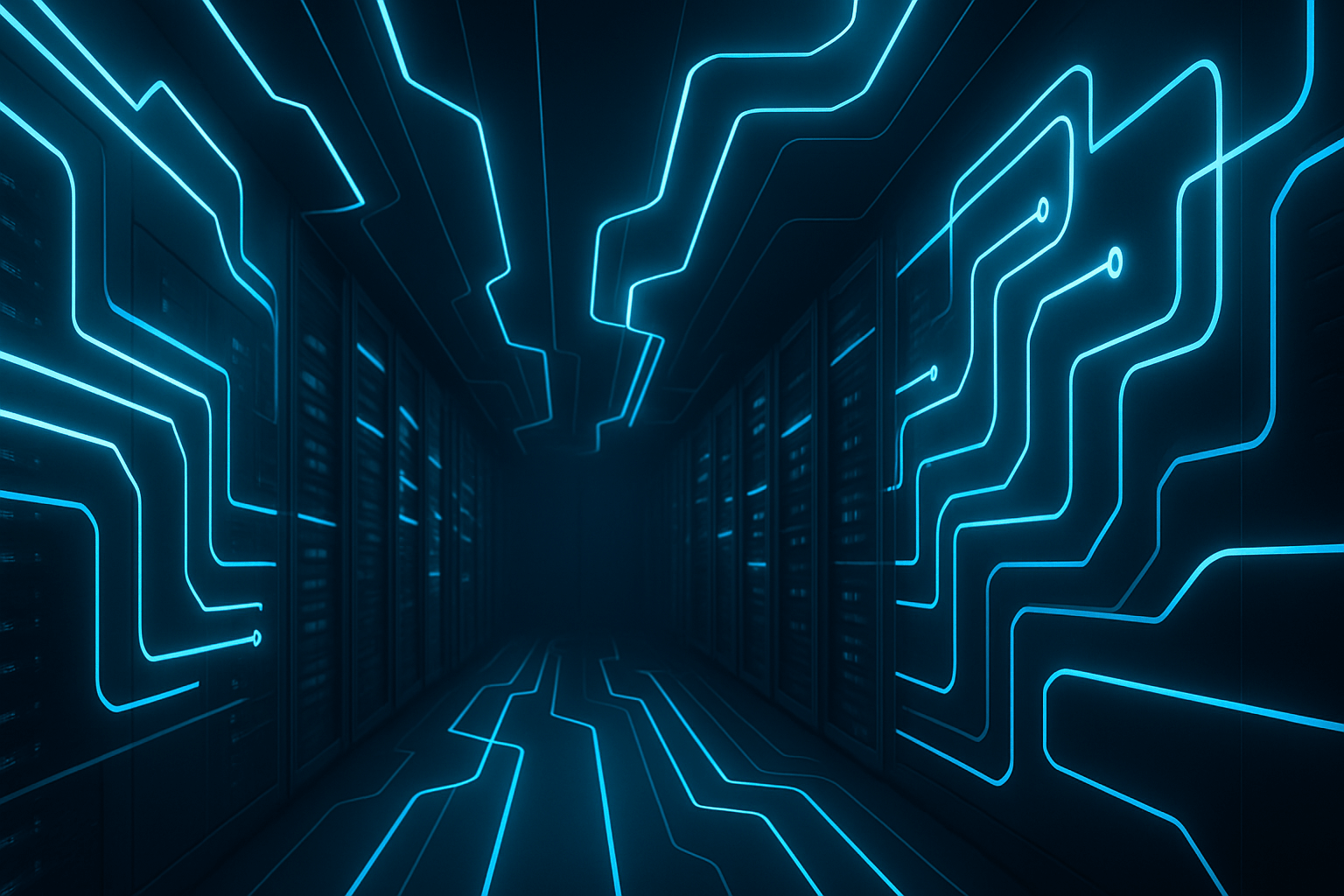 Fondo abstracto de un centro de datos tecnológico con luces de neón azules.