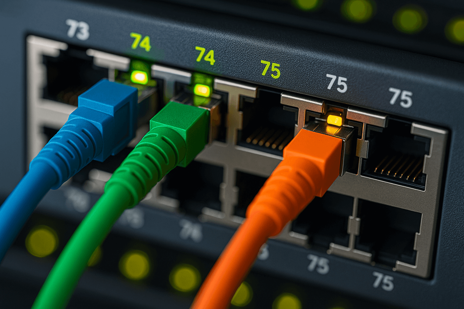 Primer plano de cables de red de fibra óptica conectados a un conmutador de alta velocidad.