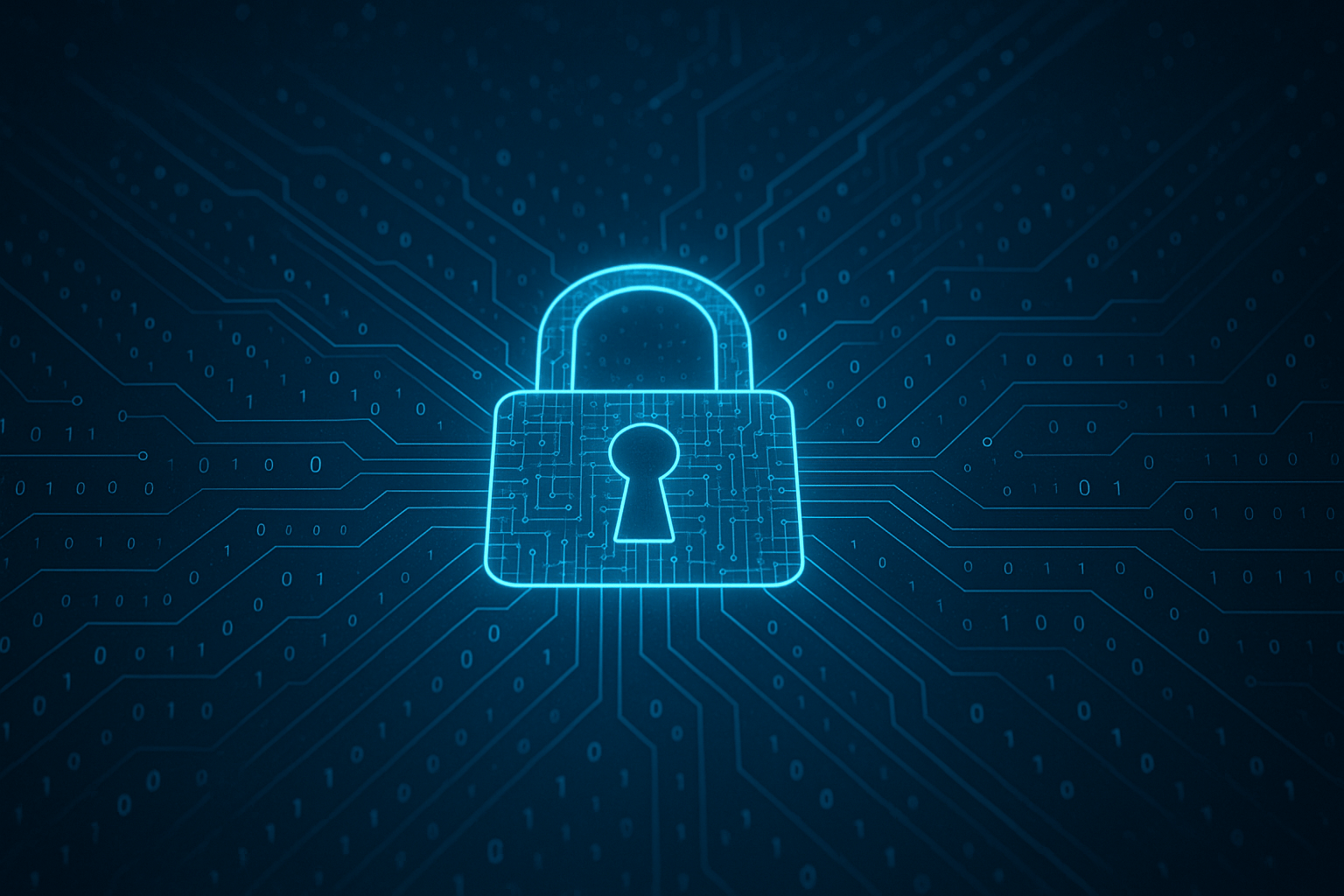 Una representación abstracta de la ciberseguridad con un candado digital y líneas de código.