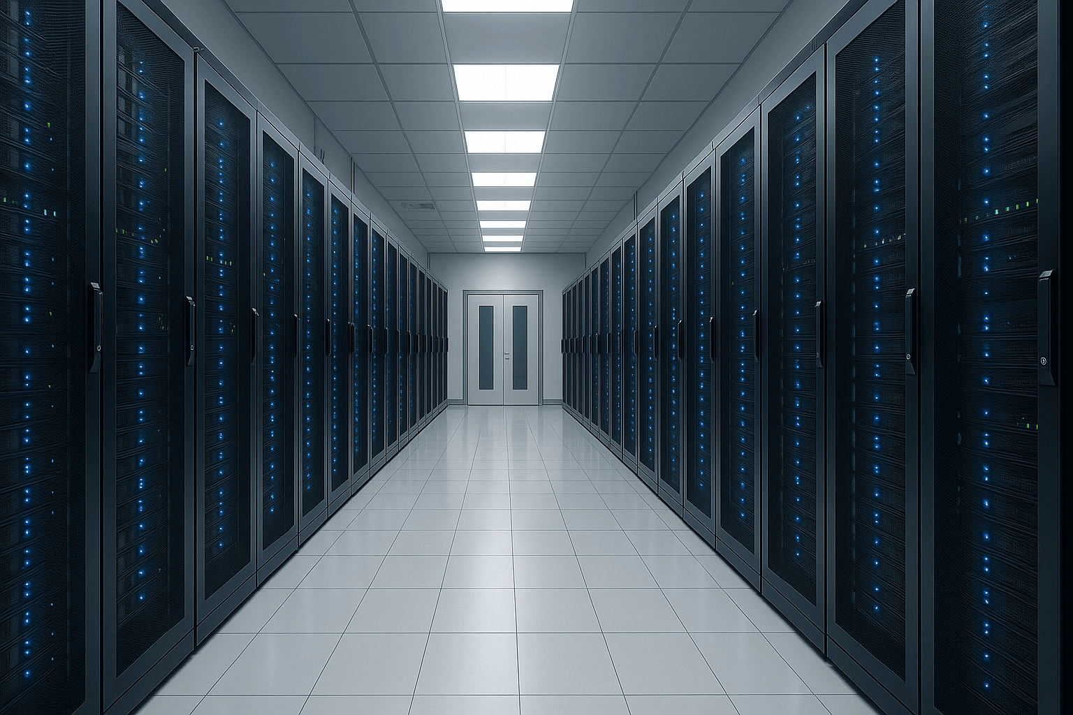 Una sala de servidores impecable y bien organizada que muestra una infraestructura de red robusta.